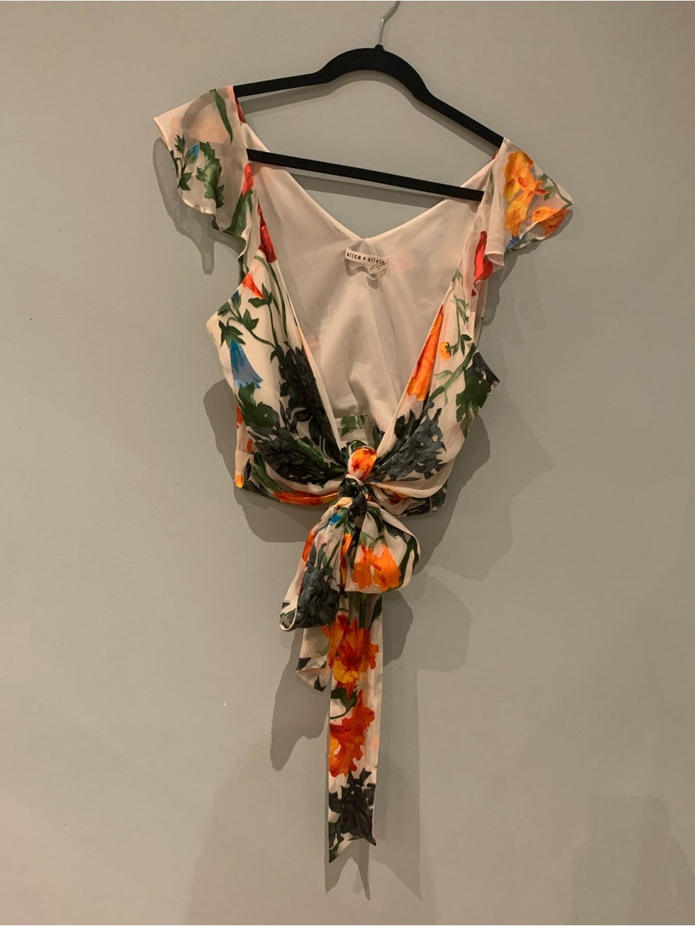 Alice + Olivia Floral Tie-Front Crop Top - White with Orange & Green